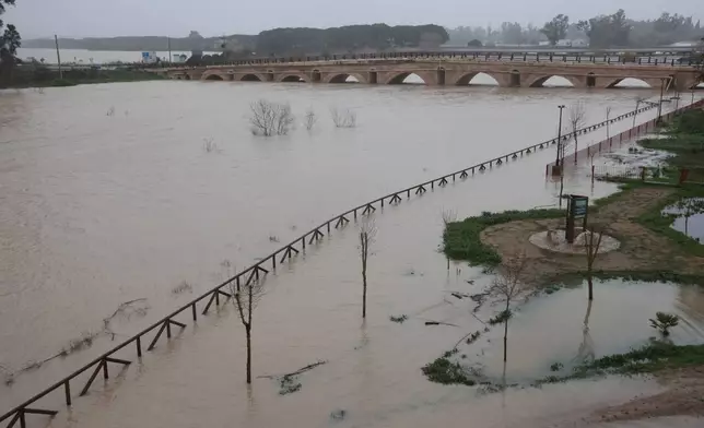 The Guadalete River overflows its banks as it passes through Jerez de la Frontera, in southern Andalusia, Spain, Wednesday, Feb. 4, 2026, as heavy rains across the country cause flooding in the region. (Rocio Ruz/Europa Press via AP)