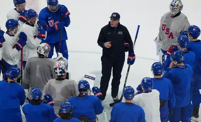 United States' head coach Mike Sullivan speaks doing men's ice hockey practice at the 2026 Winter Olympics, in Milan, Italy, Sunday, Feb. 8, 2026. (AP Photo/Carolyn Kaster)