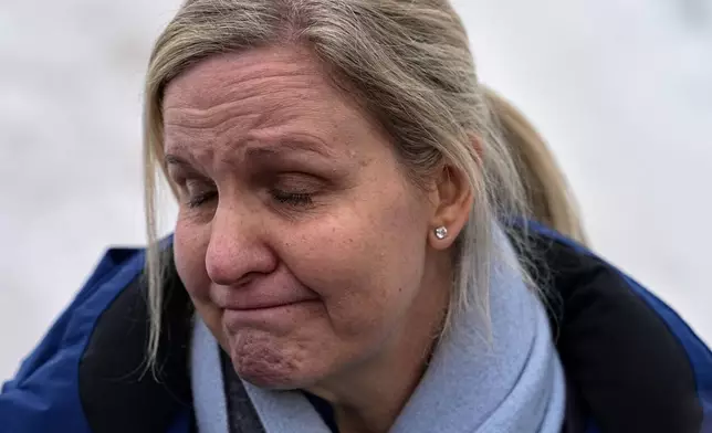 International Olympic Committee President Kirsty Coventry during media statement at the start house of the sliding center at the 2026 Winter Olympics, in Cortina d'Ampezzo, Italy, Thursday, Feb. 12, 2026. (AP Photo/Fatima Shbair)