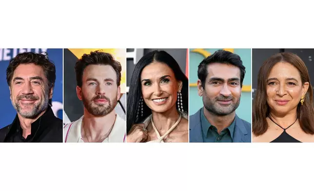 This combination of photos show, from left, Javier Bardem, Chris Evans, Demi Moore, Kumail Nanjiani and Maya Rudolph. (AP Photo)
