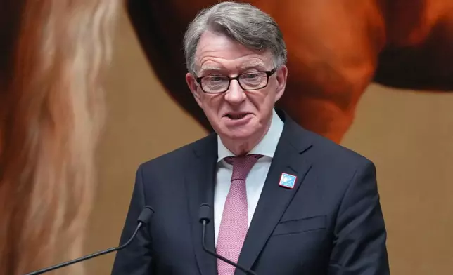 British Ambassador to the United States, Peter Mandelson speaks during the rededication ceremony of the George Washington Statue in the National Gallery in London, Wednesday, June 18, 2025. (AP Photo/Kirsty Wigglesworth)