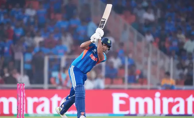 India's Shivam Dube plays a shot during the T20 World Cup cricket match between India and South Africa in Ahmedabad, India, Sunday, Feb. 22, 2026. (AP Photo/Ajit Solanki)