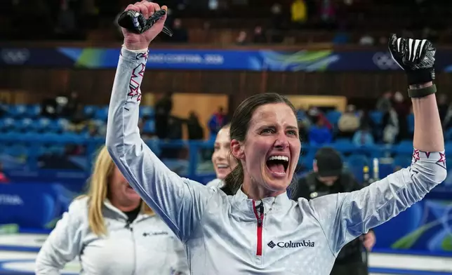 United States' Tara Peterson gestures after the women's curling round robin session against Switzerland, at the 2026 Winter Olympics, in Cortina d'Ampezzo, Italy, Thursday, Feb. 19, 2026. (AP Photo/Misper Apawu)