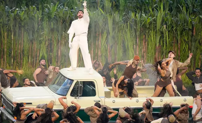 Bad Bunny performs during halftime of the NFL Super Bowl 60 football game between the Seattle Seahawks and the New England Patriots, Sunday, Feb. 8, 2026, in Santa Clara, Calif. (AP Photo/Frank Franklin II)