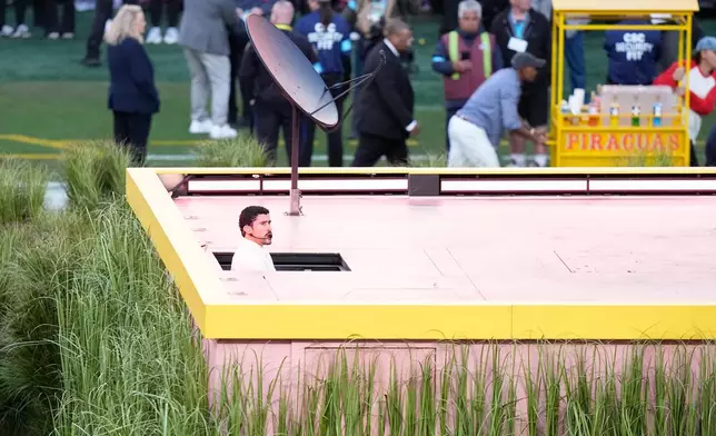 Bad Bunny performs during halftime of the NFL Super Bowl 60 football game between the Seattle Seahawks and the New England Patriots, Sunday, Feb. 8, 2026, in Santa Clara, Calif. (AP Photo/Frank Franklin II)