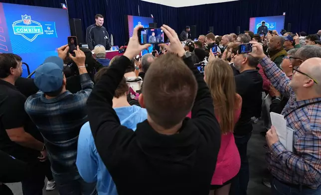 Indiana quarterback Fernando Mendoza, speaks during a news conference at the NFL football scouting combine in Indianapolis, Friday, Feb. 27, 2026. (AP Photo/Julio Cortez)