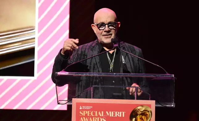 Bernie Taupin accepts the trustees award during the Recording Academy's Special Merit Awards on Saturday, Jan. 31, 2026, at the Wilshire Ebell Theatre in Los Angeles. (Photo by Richard Shotwell/Invision/AP)