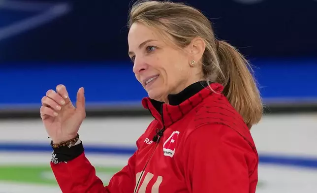 Switzerland's Silvana Tirinzoni reacts during a women's curling gold medal match between Switzerland and Sweden, at the 2026 Winter Olympics, in Cortina d'Ampezzo, Italy, Sunday, Feb. 22, 2026. (AP Photo/Misper Apawu)