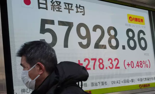 A person walks in front of an electronic stock board showing Japan's Nikkei index at a securities firm Thursday, Feb. 12, 2026, in Tokyo. (AP Photo/Eugene Hoshiko)