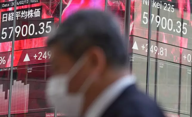 A person walks in front of an electronic stock board showing Japan's Nikkei index at a securities firm Thursday, Feb. 12, 2026, in Tokyo. (AP Photo/Eugene Hoshiko)