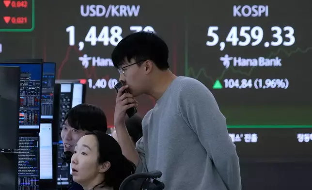 Currency traders watch monitors near a screen showing the Korea Composite Stock Price Index (KOSPI), right, and the foreign exchange rate between U.S. dollar and South Korean won at the foreign exchange dealing room of the Hana Bank headquarters in Seoul, South Korea, Thursday, Feb. 12, 2026. (AP Photo/Ahn Young-joon)