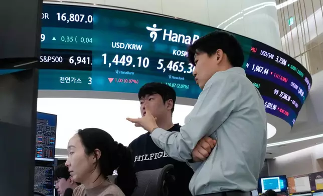Currency traders work near a screen showing the Korea Composite Stock Price Index (KOSPI), top center, and the foreign exchange rate between U.S. dollar and South Korean won, top center left, at the foreign exchange dealing room of the Hana Bank headquarters in Seoul, South Korea, Thursday, Feb. 12, 2026. (AP Photo/Ahn Young-joon)
