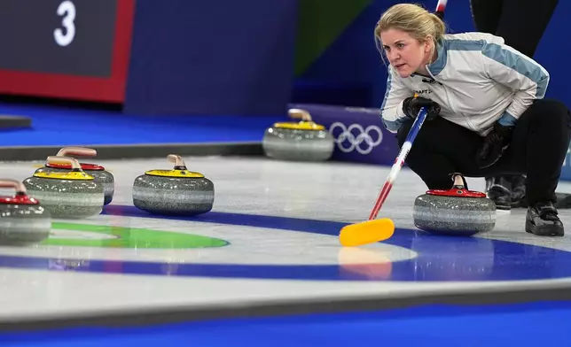 Norway's Kristin Skaslien in action, during the mixed doubles round robin phase of the curling competition against Britain, at the 2026 Winter Olympics, in Cortina d'Ampezzo, Italy, Wednesday, Feb. 4, 2026. (AP Photo/Fatima Shbair)