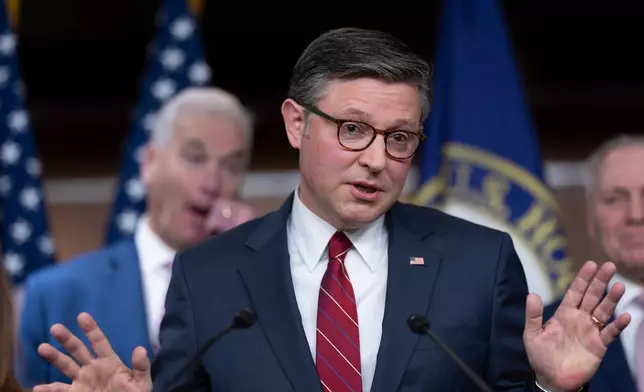 Speaker of the House Mike Johnson, R-La., gestures as he meets with reporters ahead of a key procedural vote to end the partial government shutdown, at the Capitol in Washington, Tuesday, Feb. 3, 2026. (AP Photo/J. Scott Applewhite)