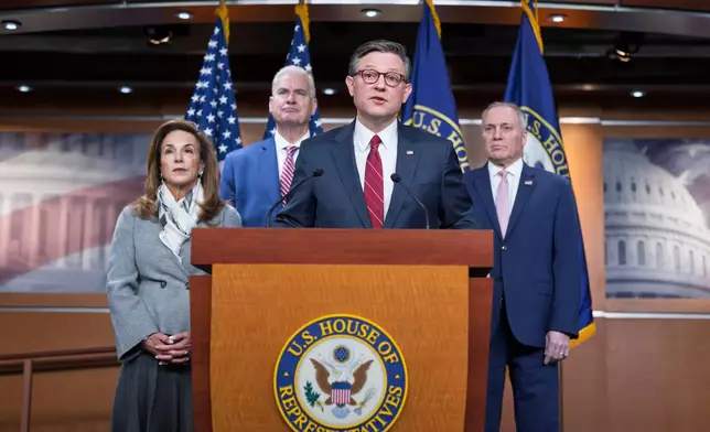 Speaker of the House Mike Johnson, R-La., center, joined from left by Rep. Lisa McClain, R-Mich., chair of the House Republican Conference, Majority Whip Tom Emmer, R-Minn., and Majority Leader Steve Scalise, R-La., meets with reporters ahead of a key procedural vote to end the partial government shutdown, at the Capitol in Washington, Tuesday, Feb. 3, 2026. (AP Photo/J. Scott Applewhite)