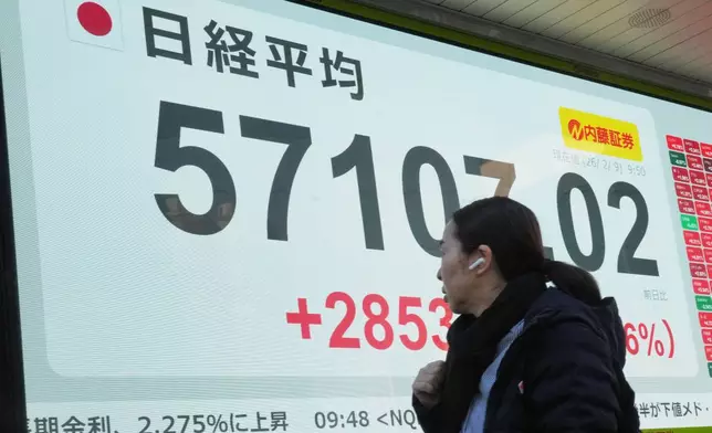 A person walks in front of an electronic stock board showing Japan's Nikkei index at a securities firm Monday, Feb. 9, 2026, in Tokyo. (AP Photo/Eugene Hoshiko)