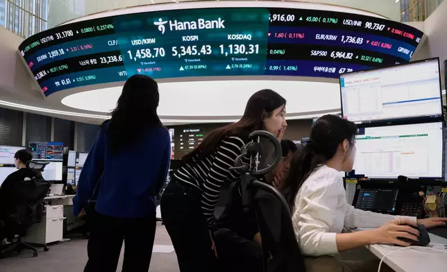 Currency traders watch monitors near a screen showing the Korea Composite Stock Price Index (KOSPI), top center, and the foreign exchange rate between U.S. dollar and South Korean won, top center left, at the foreign exchange dealing room of the Hana Bank headquarters in Seoul, South Korea, Tuesday, Feb. 10, 2026. (AP Photo/Ahn Young-joon)