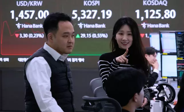 Currency traders work near a screen showing the Korea Composite Stock Price Index (KOSPI), top center, and the foreign exchange rate between U.S. dollar and South Korean won, top left, at the foreign exchange dealing room of the Hana Bank headquarters in Seoul, South Korea, Tuesday, Feb. 10, 2026. (AP Photo/Ahn Young-joon)