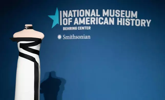 First lady Melania Trump's 2025 inaugural ball gown is presented to the Smithsonian National Museum of American History, Friday, Feb. 20, 2026, in Washington. (AP Photo/Allison Robbert)