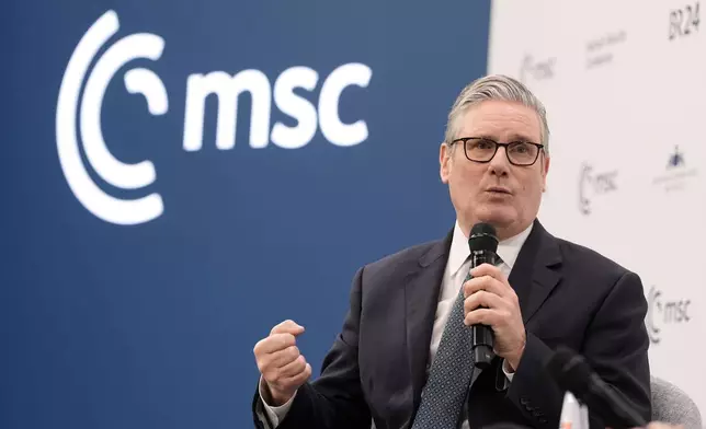 Britain's Prime Minister Keir Starmer takes part in a panel discussion with President of the European Commission Ursula von der Leyen and moderated by Christine Amanpour at the Munich Security Conference in Munich, Germany, Saturday Feb. 14, 2026. (Stefan Rousseau/Pool Photo via AP)