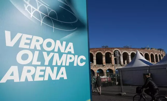A view of the Arena ahead of the closing ceremony at the 2026 Winter Olympics, in Verona, Italy, Tuesday, Feb. 17, 2026. (AP Photo/Antonio Calanni)