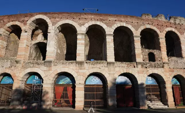 A view of the Arena ahead of the closing ceremony at the 2026 Winter Olympics, in Verona, Italy, Tuesday, Feb. 17, 2026. (AP Photo/Antonio Calanni)