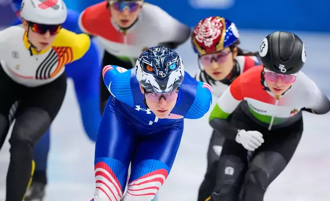 Corinne Stoddard of the United States leads during a short track speed skating women's 1500 meters semifinal at the 2026 Winter Olympics, in Milan, Italy, Friday, Feb. 20, 2026. (AP Photo/Natacha Pisarenko)