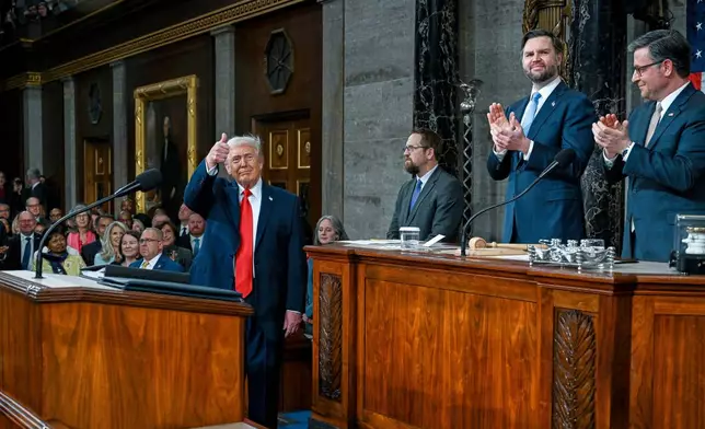President Donald Trump delivers the State of the Union address to a joint session of Congress in the House chamber at the U.S. Capitol in Washington, Tuesday, Feb. 24, 2026. (Kenny Holston/The New York Times via AP, Pool)