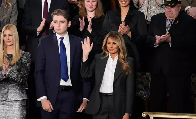 From left, Ivanka Trump, Barron Trump, and first lady Melania Trump attend President Donald Trump's State of the Union address to a joint session of Congress in the House chamber at the U.S. Capitol in Washington, Tuesday, Feb. 24, 2026. (AP Photo/Alex Brandon)