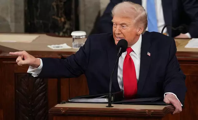 President Donald Trump delivers the State of the Union address to a joint session of Congress in the House chamber at the U.S. Capitol in Washington, Tuesday, Feb. 24, 2026. (AP Photo/Matt Rourke)