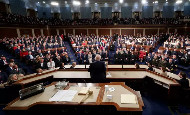President Donald Trump delivers the State of the Union address to a joint session of Congress in the House chamber at the U.S. Capitol in Washington, Tuesday, Feb. 24, 2026. (Jessica Koscielniak/Pool Photo via AP)