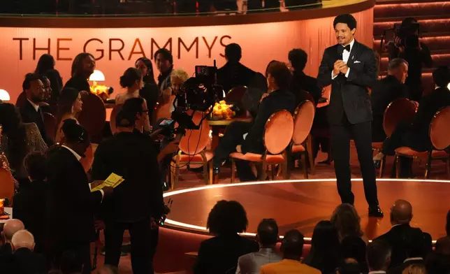 Host Trevor Noah speaks during the 68th annual Grammy Awards on Sunday, Feb. 1, 2026, in Los Angeles. (AP Photo/Chris Pizzello)