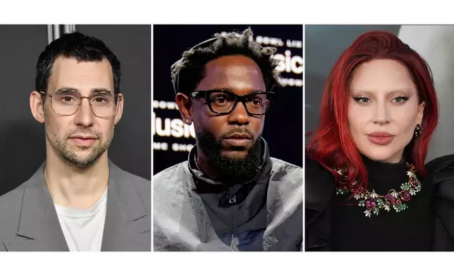 This combination of photos show Jack Antonoff, left, Kendrick Lamar, center, and Lady Gaga. (AP Photo)