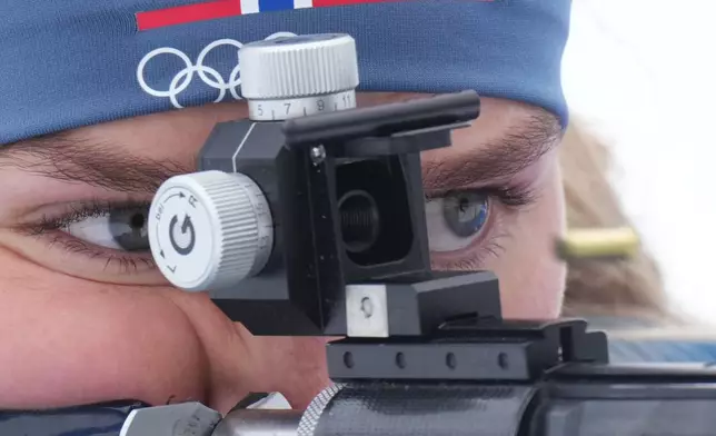 Norway's Juni Arnekleiv participates in a biathlon training session at the 2026 Winter Olympics in Anterselva, Italy, Monday, Feb. 16, 2026. (AP Photo/Andrew Medichini)