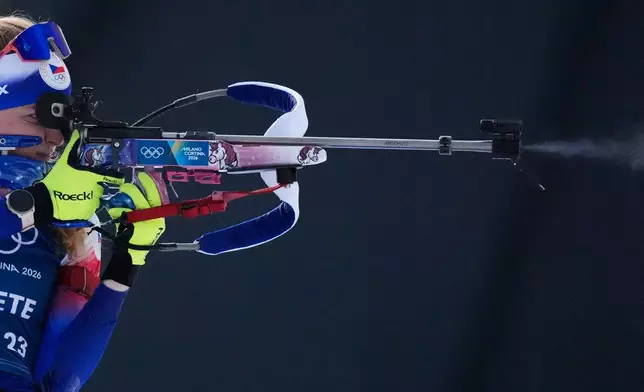 Marketa Davidova, of Czechia, participates in a biathlon training session at the 2026 Winter Olympics in Anterselva, Italy, Monday, Feb. 16, 2026. (AP Photo/Andrew Medichini)