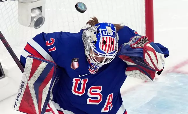 United States goalkeeper Aerin Frankel blocks a shot by Sweden during the second period of a women's ice hockey semifinal match at the 2026 Winter Olympics, in Milan, Italy, Monday, Feb. 16, 2026. (AP Photo/Carolyn Kaster)