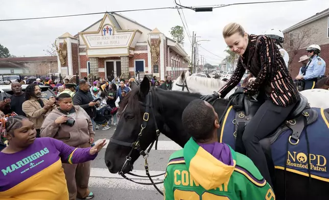 New Orleans Mayor Helena Moreno parades on horseback on Mardi Gras Day, Tuesday, Feb. 17, 2026 in New Orleans. (AP Photo/Matthew Hinton)