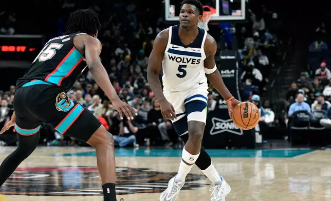 Minnesota Timberwolves guard Anthony Edwards (5) handles the ball against Memphis Grizzlies forward GG Jackson II (45)in the first half of an NBA basketball game Saturday, Jan. 31, 2026, in Memphis, Tenn. (AP Photo/Brandon Dill)
