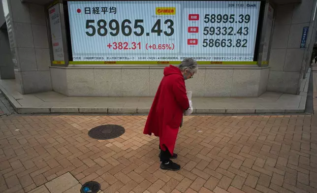 A person stands in front of an electronic stock board showing Japan's Nikkei index at a securities firm Thursday, Feb. 26, 2026, in Tokyo. (AP Photo/Eugene Hoshiko)