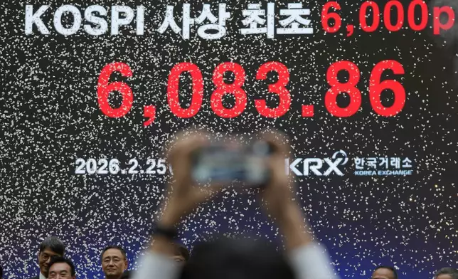 A screen shows the Korea Composite Stock Price Index (KOSPI) of over 6,000 points during a ceremony at the Korea Exchange in Seoul, South Korea, Wednesday, Feb. 25, 2026. (AP Photo/Lee Jin-man)