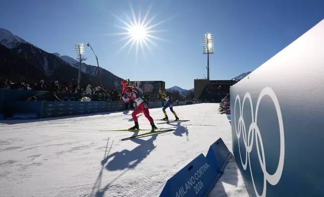 Anna Maka, of Poland, competes during the women's 10-kilometer pursuit biathlon race at the 2026 Winter Olympics in Anterselva, Italy, Sunday, Feb. 15, 2026. (AP Photo/Andrew Medichini)