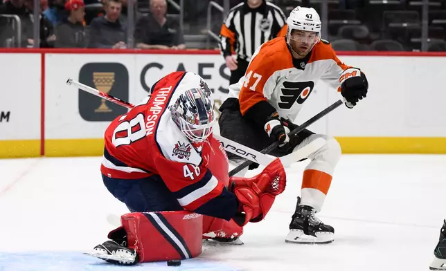 Washington Capitals goaltender Logan Thompson stops the puck next to Philadelphia Flyers defenseman Noah Juulsen (47) during the first period of an NHL hockey game, Wednesday, Feb. 25, 2026, in Washington. (AP Photo/Nick Wass)