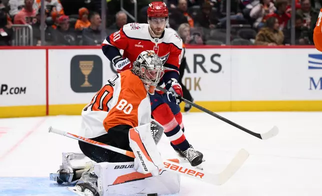 Philadelphia Flyers goaltender Dan Vladar, front, stops the puck next to Washington Capitals left wing Pierre-Luc Dubois, back, during the second period of an NHL hockey game, Wednesday, Feb. 25, 2026, in Washington. (AP Photo/Nick Wass)