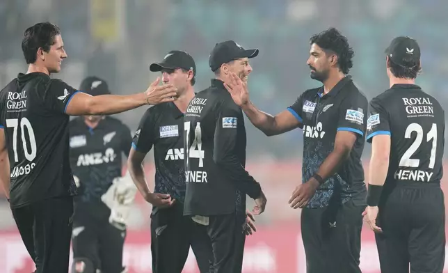 New Zealand's Ish Sodhi celebrates the dismissal of India's Arshdeep Singh during the fourth T20 cricket match between India and New Zealand in Visakhapatnam, India, Wednesday, Jan. 28, 2026. (AP Photo/Aijaz Rahi)