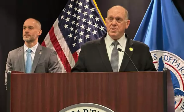 CORRECTS CREDIT TO STEVE KARNOWSKI - White House border czar Tom Homan holds a news conference at the Bishop Whipple Federal building on Thursday, Feb. 12, 2026 in Minneapolis. (AP Photo/Steve Karnowski)