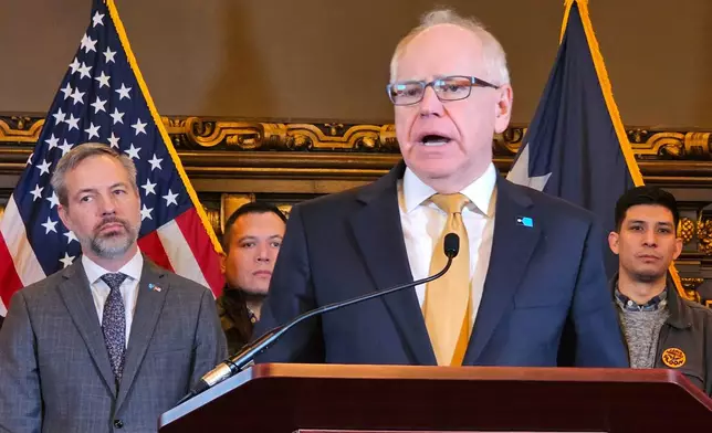 Gov. Tim Walz holds a news conference at the State Capitol in St. Paul, Minn., on Thursday, Feb. 12, 2026. (AP Photo/Steve Karnowski)