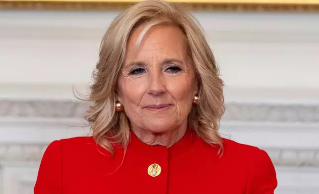 FILE - First lady Jill Biden speaks during an event at the White House in Washington, Jan. 16, 2025. (AP Photo/Alex Brandon, File)