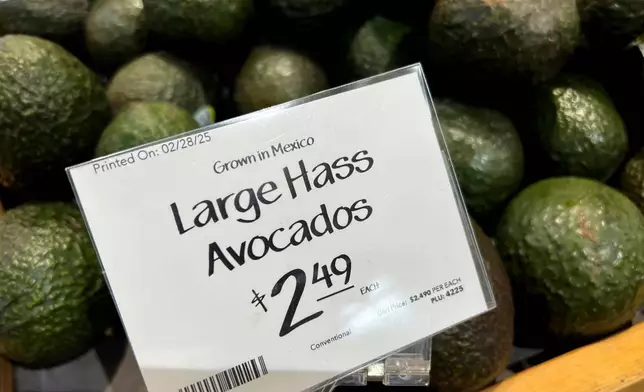 FILE - Avocados imported from Mexico are for sale in a supermarket in Miami as the United States imposed 25% tariffs on goods from Canada and Mexico, starting a trade war with its closest neighbors and allies Wednesday, Mar. 5, 2025. (AP Photo/Lynne Sladky, file)