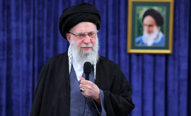 In this photo released on Monday, Feb. 9, 2026, by the official website of the office of the Iranian supreme leader, Supreme Leader Ayatollah Ali Khamenei addresses the nation in a televised speech. (Office of the Iranian Supreme Leader via AP)