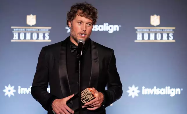 Los Angeles Rams' Matthew Stafford speaks after winning the AP Most Valuable Player award during football's NFL Honors award show in San Francisco, Thursday, Feb. 5, 2026. (AP Photo/Godofredo A. Vásquez)